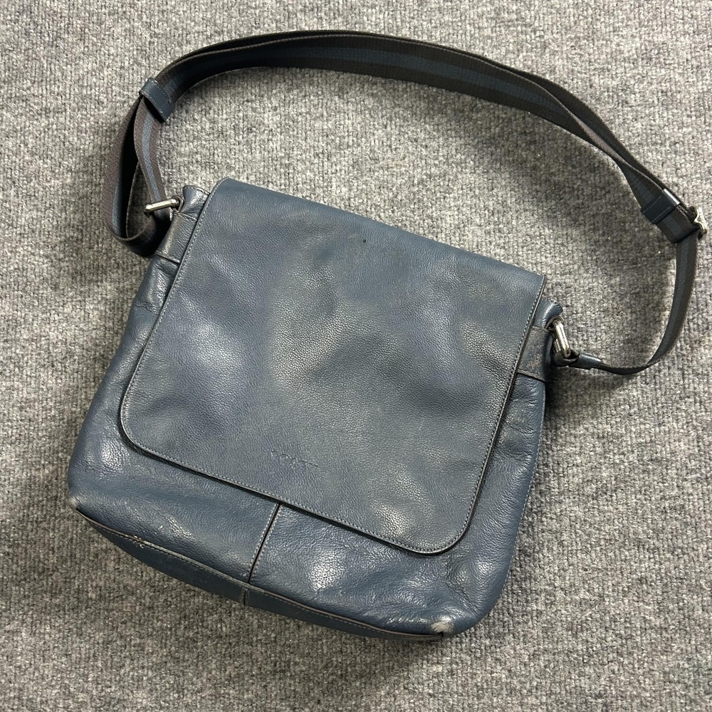 Coach Messenger Bag Mens Medium Blue Leather Flap Crossbody Adjustable Strap